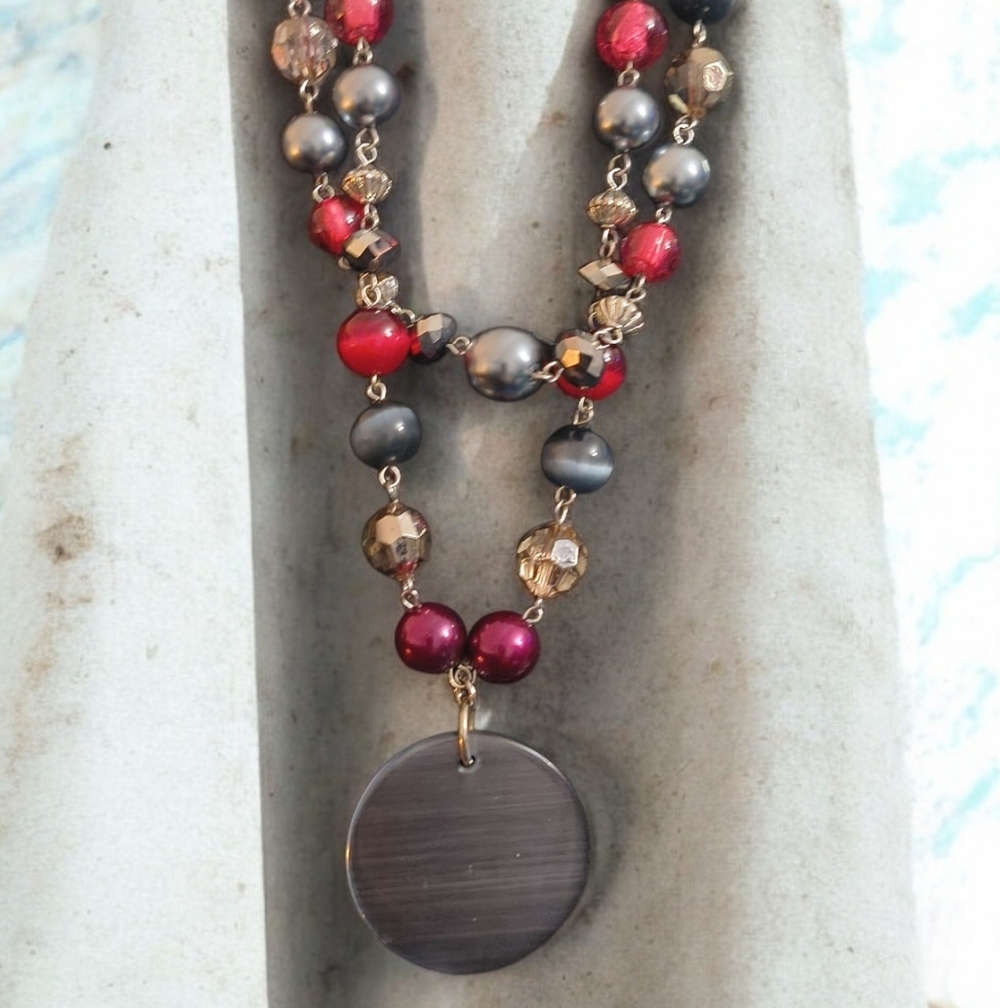 Vintage Boho Beaded Necklace with Brushed Gray Round Pendant